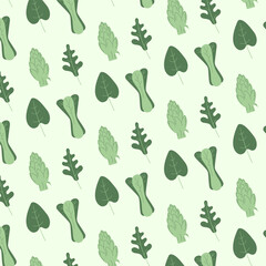 Pattern with spinach leaves, arugula, artichoke and leek