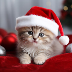 Obraz na płótnie Canvas kawaii kitten in santa's hat for christmas xmas postcard, generative AI