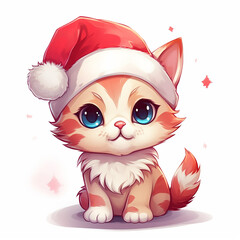 kawaii kitten in santa's hat cartoon character style for christmas xmas postcard, generative AI
