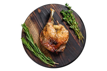 Fried duck confit leg baked poultry meat.  Transparent background. Isolated