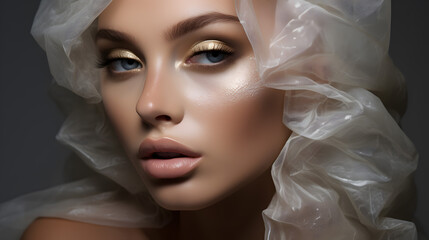 Elegant Beauty Portrait of Woman with Golden Eye Makeup and Sheer Fabric Wrapped Around