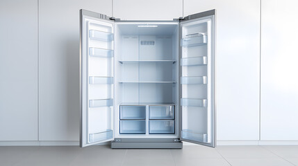 Open Modern Refrigerator with Empty Shelves in Clean Kitchen