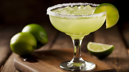 Classic Margarita Cocktail with Fresh Lime on Wooden Background