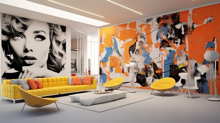 A living room inspired by pop art, with a white background and paintings on the walls, vivid colours