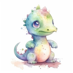 Cute watercolor dinosaur on white background. Green Dragon symbol of a New Year 2024. Watercolor illustration