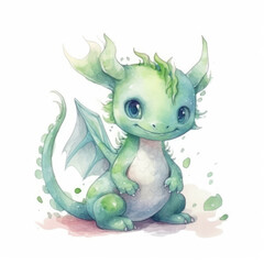 Obraz premium Cute Green Dragon on a white background, watercolor illustration. Green Dragon symbol of a New Year 2024. Fairy Animal drawing for Sublimation, greeting card, Christmas banner design