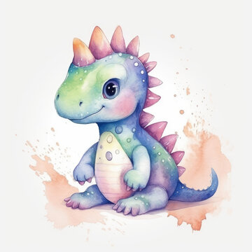 Cute watercolor dinosaur on white background. Little Blue Dragon. Green Dragon symbol of a New Year 2024 © maxa0109