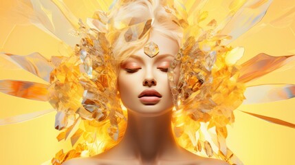  a close up of a woman's face with yellow feathers on her head and a butterfly on her head.  generative ai