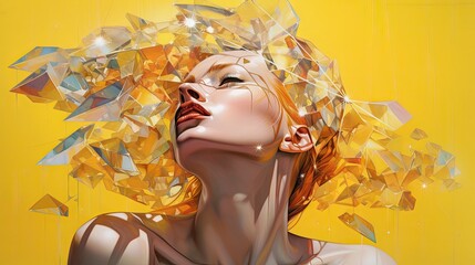  a digital painting of a woman's face with a bunch of shattered glass on her head and a yellow background.  generative ai