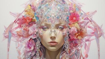  a digital painting of a woman's face with flowers in her hair and a veil on her head with ribbons around her head.  generative ai