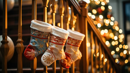 Fototapeta na wymiar Christmas present socks, hanging on the stairs at the Christmas Eve