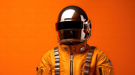  a man in a yellow jacket and helmet standing in front of an orange wall with his hands in his pockets.  generative ai