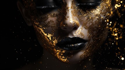 A beautiful face of a woman adorned with golden glitter, ai generative
