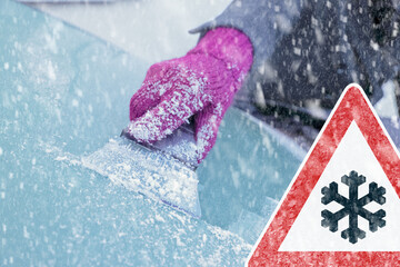 Winter Driving - Scraping the ice off a frozen windscreen - composite image with ice covered warning sign