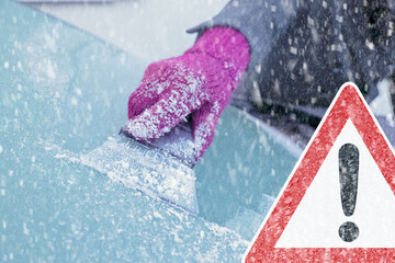 Winter Driving - Scraping the ice off a frozen windscreen - composite image with ice covered warning sign