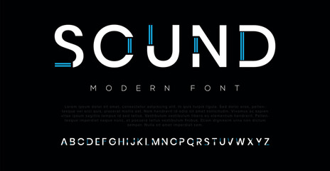 SOUND Modern minimal abstract alphabet fonts. Typography technology, electronic, movie, digital, music, future, logo creative font. vector illustration - obrazy, fototapety, plakaty
