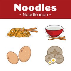 set of flat illustration icons of noodles, egg, green onion, red bowl and chopsticks