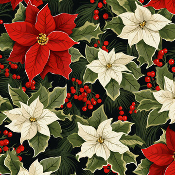 Christmas poinsettia pattern, holiday floral design. 