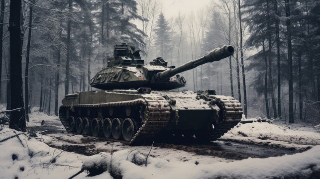 Battle tank standing in position in the forest in winter