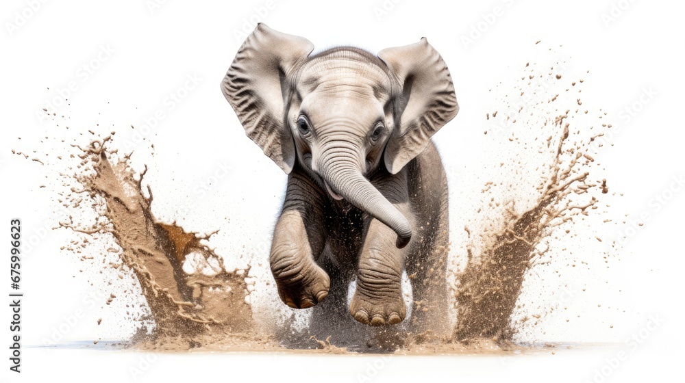 Aufkleber an elephant splashing through a puddle of mud and water with it's trunk in it's mouth. generative ai