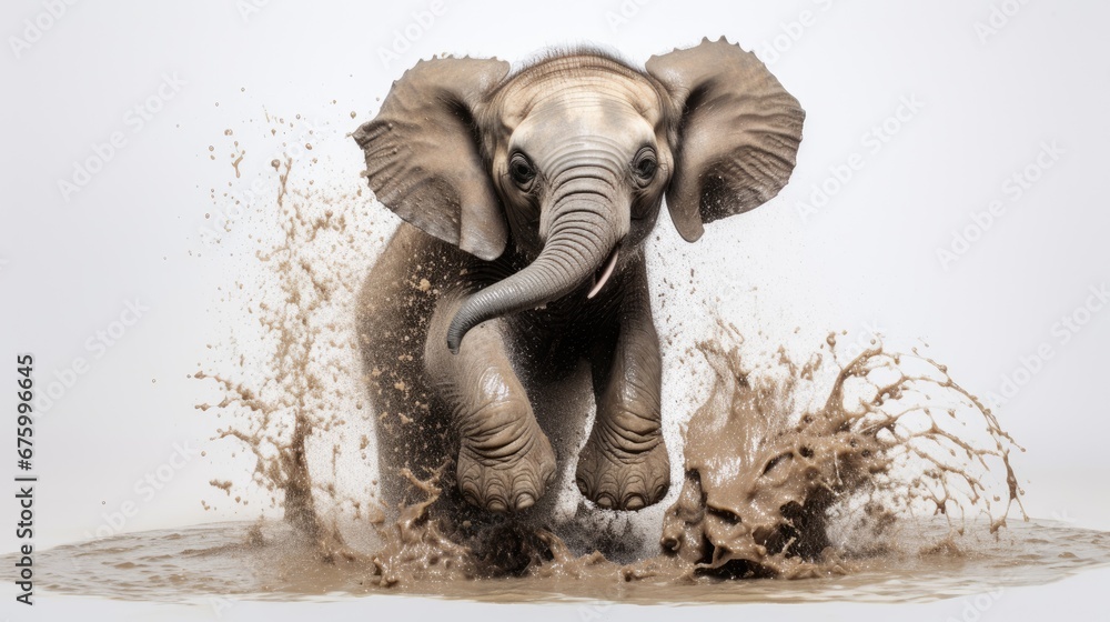 Aufkleber an elephant splashing in the water with its trunk in it's mouth and it's trunk in the air. generativ