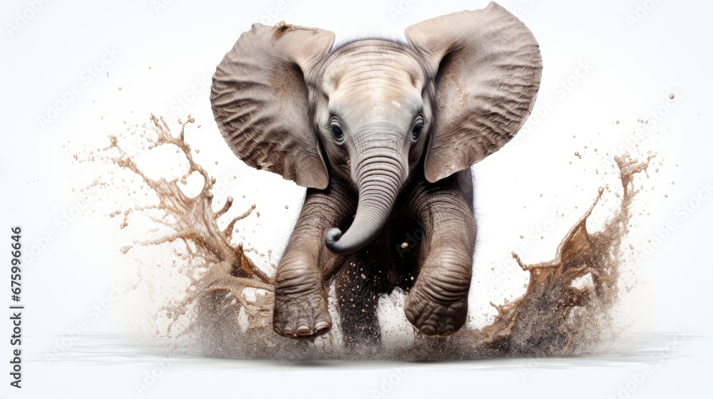 Poster an elephant is standing in the water with its trunk in the air and it's trunk in the air. generative