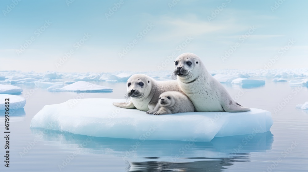 Poster a group of three polar bears sitting on top of an iceberg in the middle of a body of water. generati