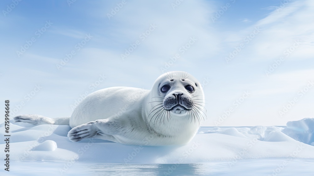 Poster a seal sitting on top of an ice floet with its eyes closed and one paw on the ice floet. generative 