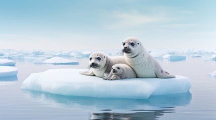  a group of three polar bears sitting on top of an iceberg in the middle of a body of water.  generative ai - obrazy, fototapety, plakaty