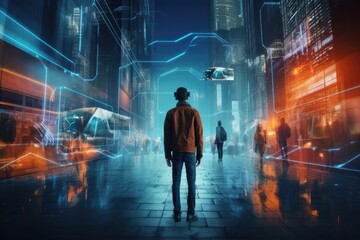 Fototapeta premium Handsome businessman exploring virtual reality and business metaverse