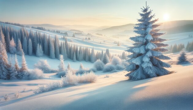 Sunrise over serene snow-covered forest hills.