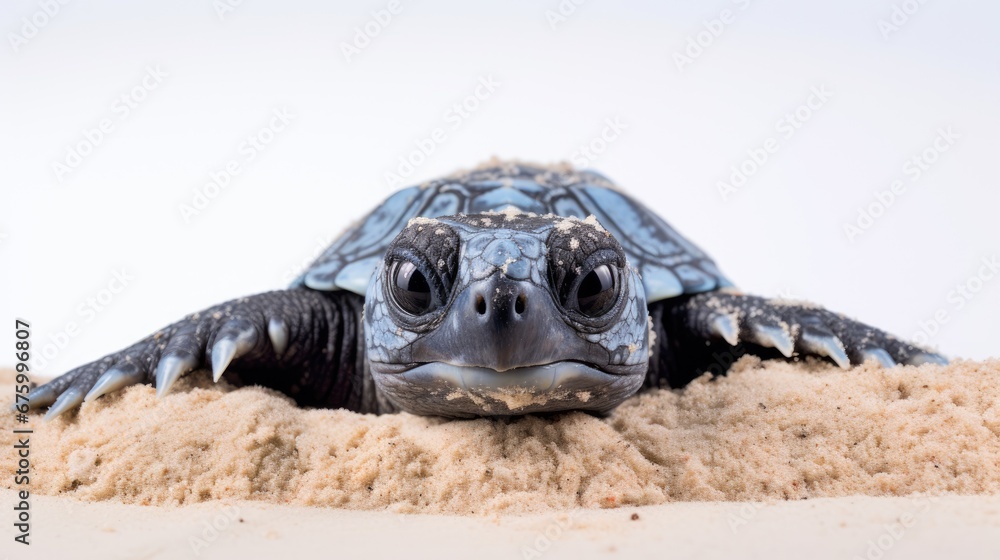 Poster a close up of a turtle in the sand with it's head sticking out of it's shell. generative ai