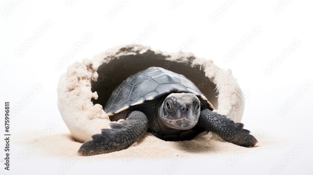 Poster a close up of a turtle in a shell on a white background with sand in the bottom of the shell. genera