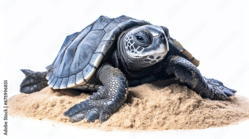 Poster a close up of a turtle laying on a pile of sand with it's head above the top of the turtle. generati