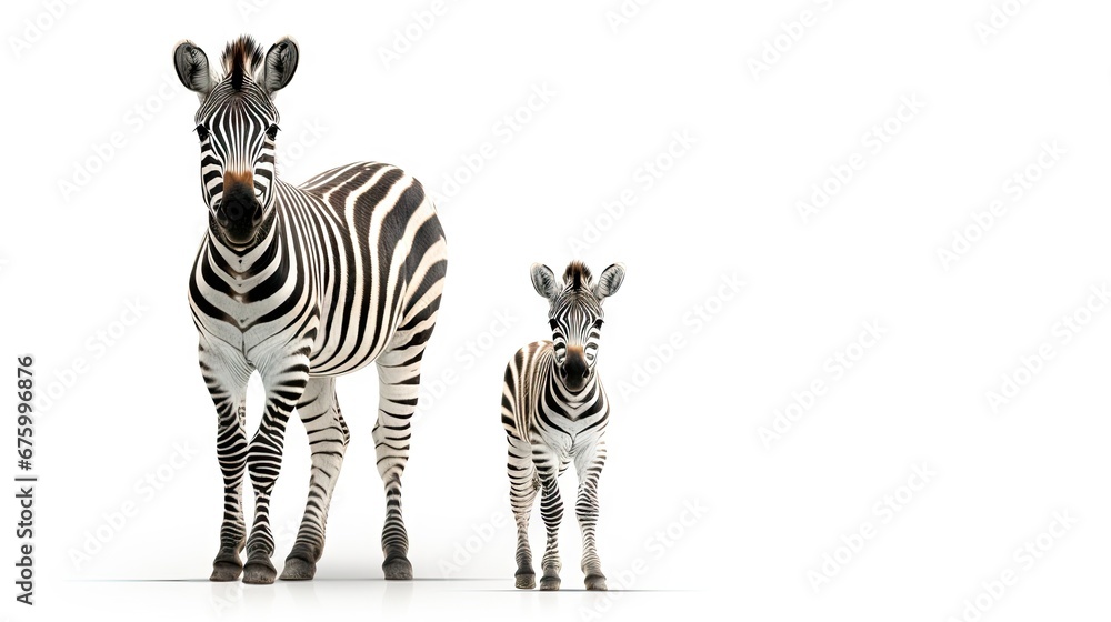 Poster two zebras standing next to each other in front of a white background with one zebra looking at the 