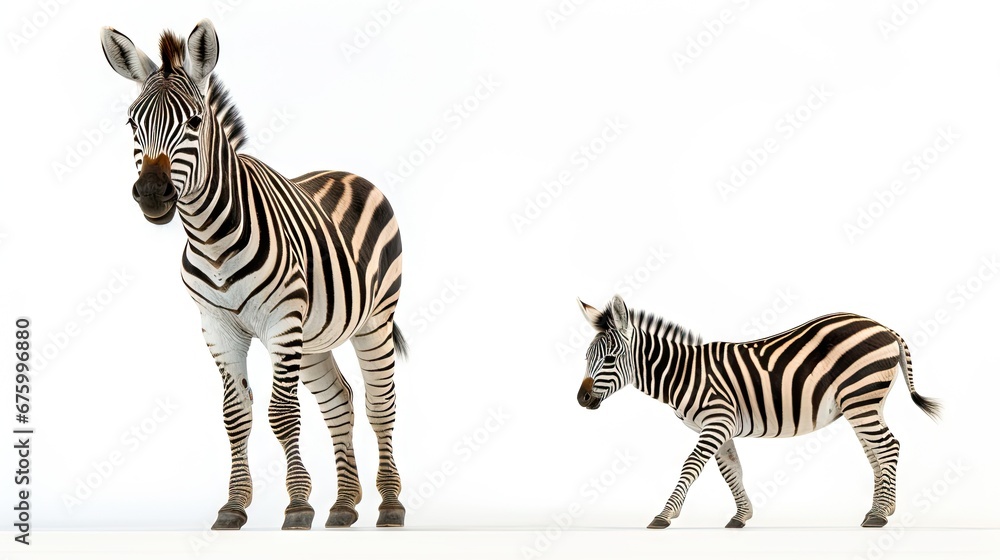 Poster two zebras standing next to each other in front of a white background with one zebra looking at the 