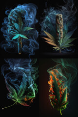 Cigarette with cannabis, smoke, marijuana leaves. For medical purposes and relaxation. High quality.