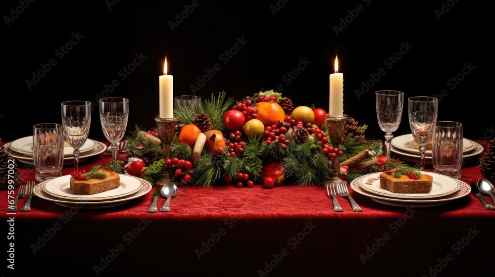 Poster a table with a red table cloth and a red table cloth with a red table cloth and a red table cloth wi
