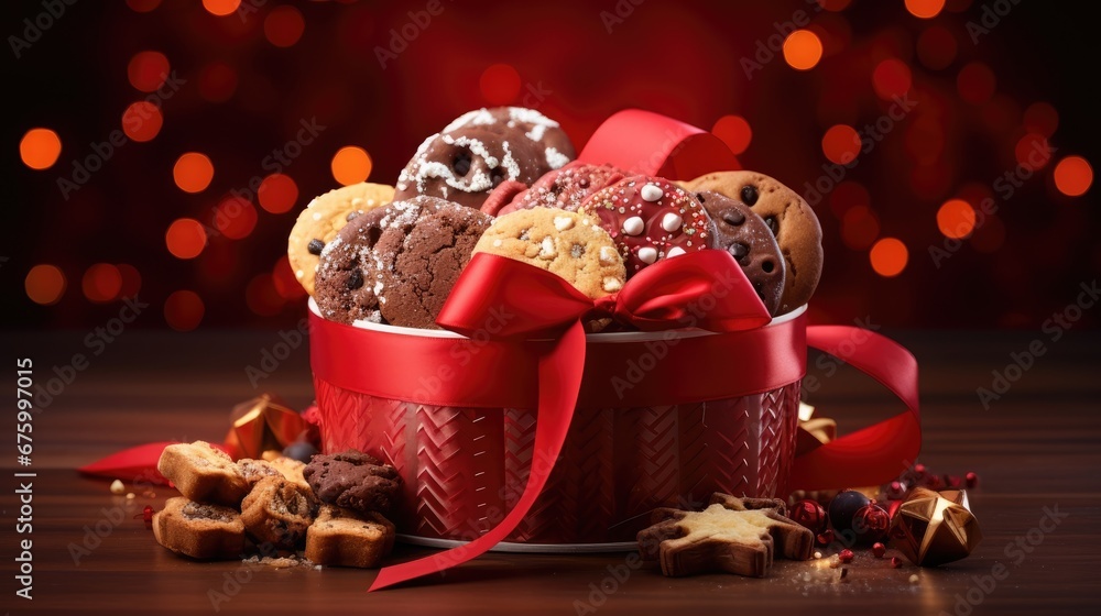 Poster a red basket filled with lots of cookies and cookies next to a red ribbon and a red bow on top of a 