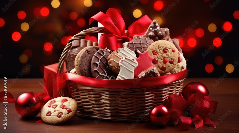 Poster a basket filled with cookies and cookies next to a red ribbon and a red bow on top of a wooden table