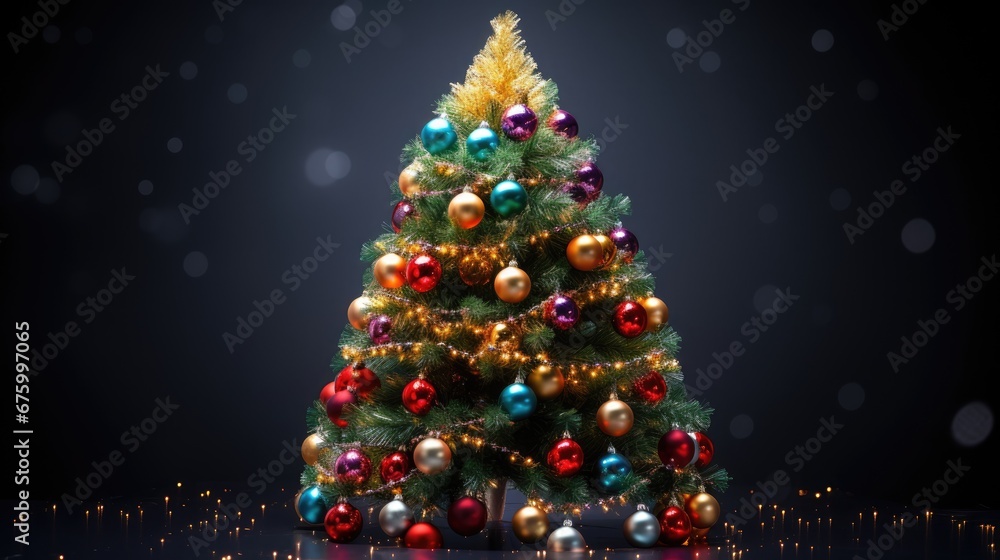 Poster a brightly colored christmas tree on a shiny surface with lights and snowflakes on the bottom of the