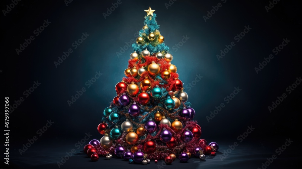 Poster a multicolored christmas tree with a star on top of it and ornaments around the base of the tree. ge