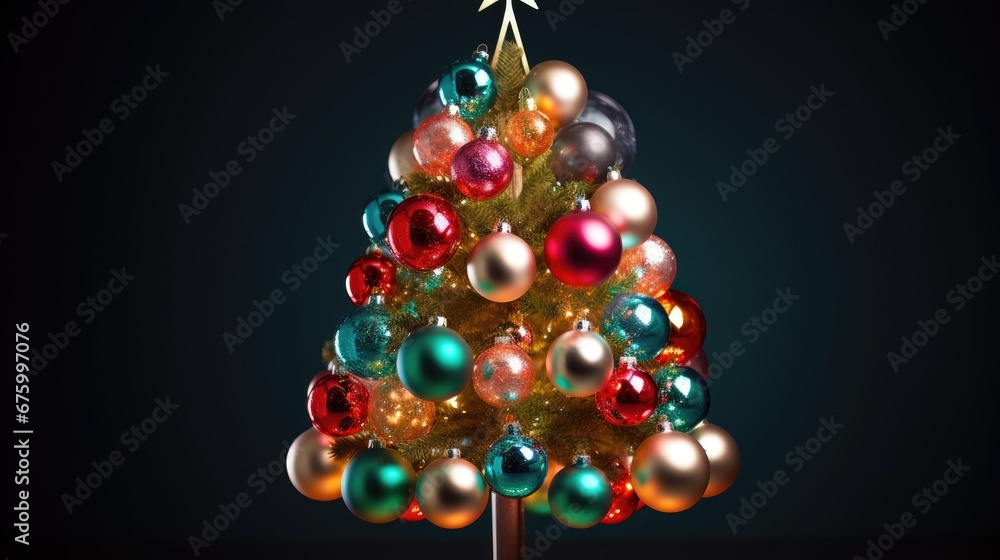 Poster a multicolored christmas tree with a star on top and a star on top of the top of it. generative ai