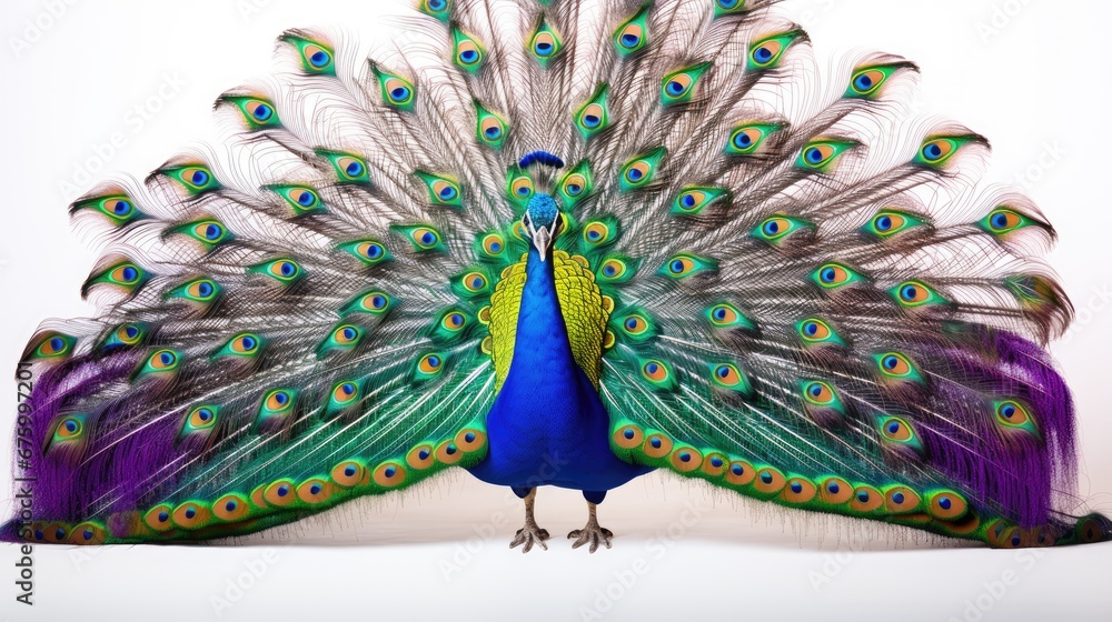 Poster a close up of a peacock with it's feathers spread out and it's tail spread wide open. generative ai
