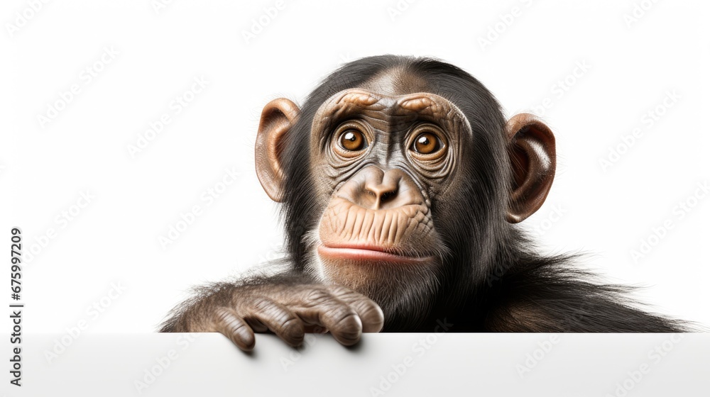 Aufkleber  a close up of a monkey on a white background with a blank sign in front of it's face.  generative ai