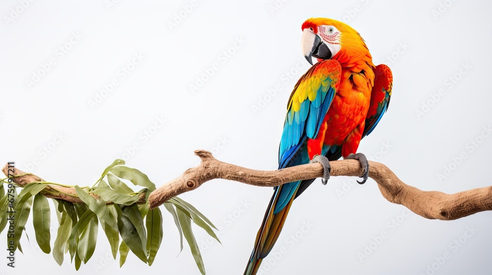 Aufkleber a colorful parrot sitting on top of a tree branch next to a branch with leaves and a bird with a fac