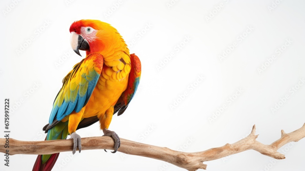 Poster a colorful parrot sitting on top of a tree branch next to a branch of dead tree limbs on a white bac