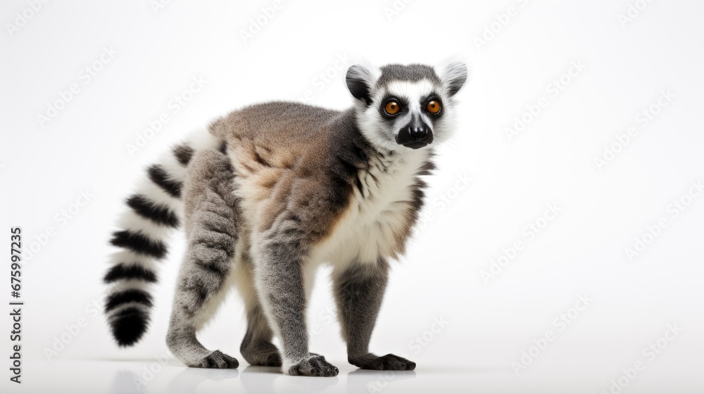 Poster a close up of a lemura on a white background with a reflection of it's face in the camera lens. gene