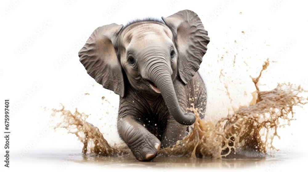 Poster an elephant splashing in the water with it's trunk in the air and it's trunk in the air. generative 