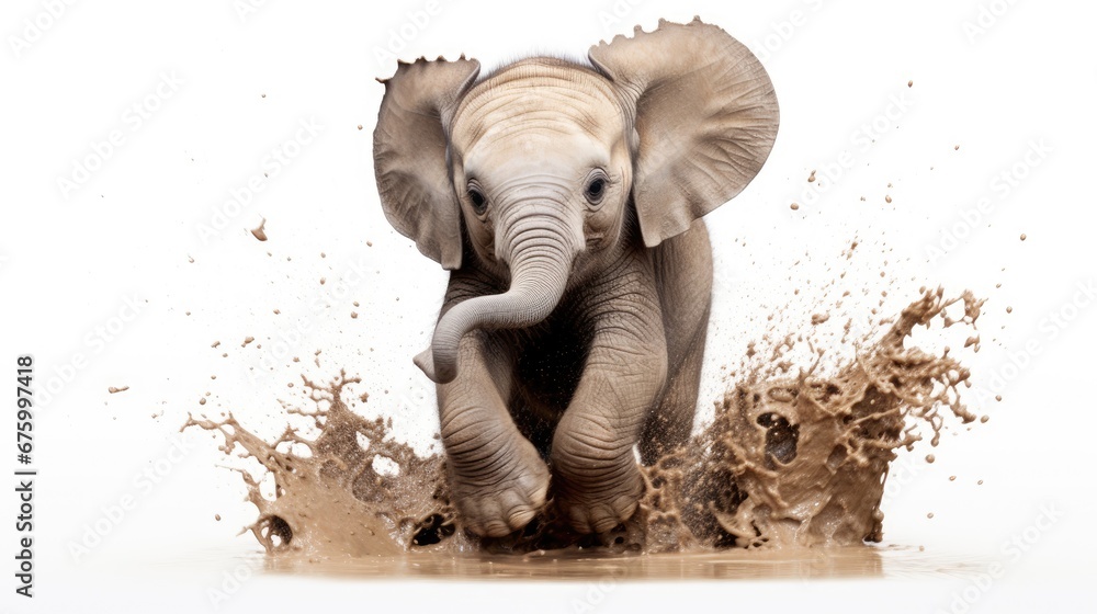 Poster a baby elephant splashing through a puddle of water with its trunk in the air and it's trunk in the 